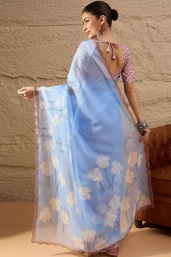 blue floral beads and stones organza saree