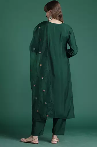 Green silk blend embroidered kurta trouser dupatta set