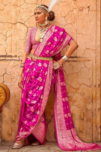 pink ethnic motifs zari banarasi saree