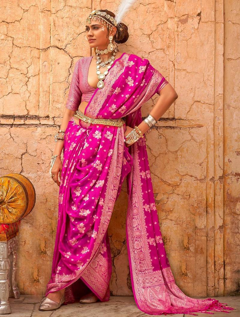 pink ethnic motifs zari banarasi saree