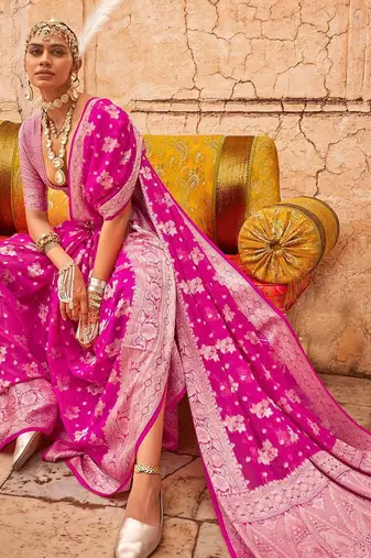 pink ethnic motifs zari banarasi saree