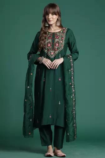 Green silk blend embroidered kurta trouser dupatta set