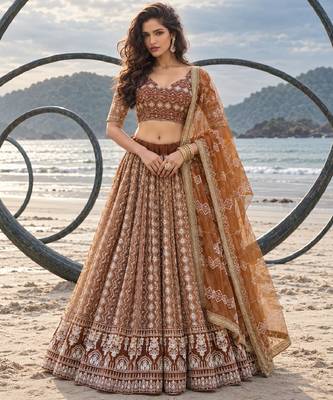 BROWN NET THREAD WITH ZARI AND SEQUINCE WORK FESTIVE LEHENGA CHOLI SET FOR WOMEN'S 1