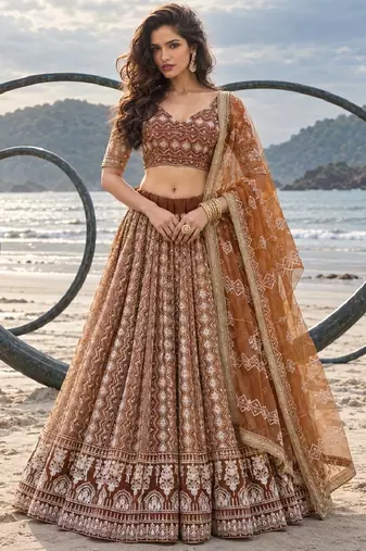 BROWN NET THREAD WITH ZARI AND SEQUINCE WORK FESTIVE LEHENGA CHOLI SET FOR WOMEN'S