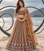 BROWN NET THREAD WITH ZARI AND SEQUINCE WORK FESTIVE LEHENGA CHOLI SET FOR WOMEN'S