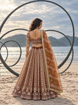 BROWN NET THREAD WITH ZARI AND SEQUINCE WORK FESTIVE LEHENGA CHOLI SET FOR WOMEN'S 2