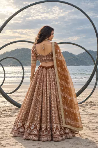 BROWN NET THREAD WITH ZARI AND SEQUINCE WORK FESTIVE LEHENGA CHOLI SET FOR WOMEN'S