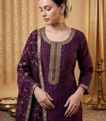 Purple silk blend embroidered kurta trouser dupatta set