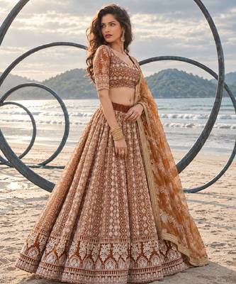 BROWN NET THREAD WITH ZARI AND SEQUINCE WORK FESTIVE LEHENGA CHOLI SET FOR WOMEN'S 3