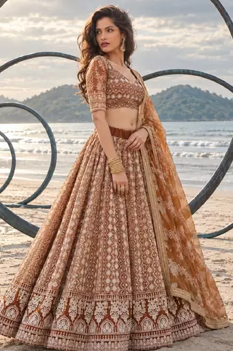 BROWN NET THREAD WITH ZARI AND SEQUINCE WORK FESTIVE LEHENGA CHOLI SET FOR WOMEN'S