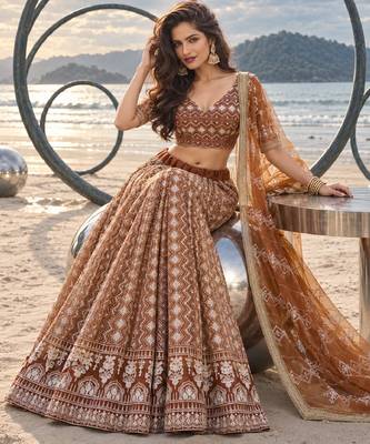 BROWN NET THREAD WITH ZARI AND SEQUINCE WORK FESTIVE LEHENGA CHOLI SET FOR WOMEN'S 4