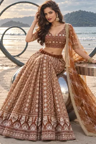 BROWN NET THREAD WITH ZARI AND SEQUINCE WORK FESTIVE LEHENGA CHOLI SET FOR WOMEN'S