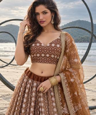 BROWN NET THREAD WITH ZARI AND SEQUINCE WORK FESTIVE LEHENGA CHOLI SET FOR WOMEN'S 5