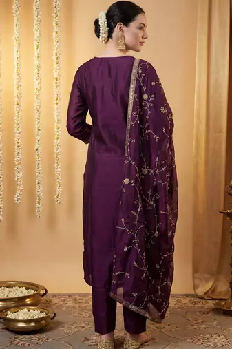 Purple silk blend embroidered kurta trouser dupatta set