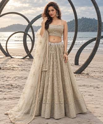 OFF WHITE NET THREAD WITH ZARI AND SEQUINCE WORK FESTIVE LEHENGA CHOLI SET FOR WOMEN'S 1