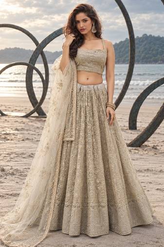 OFF WHITE NET THREAD WITH ZARI AND SEQUINCE WORK FESTIVE LEHENGA CHOLI SET FOR WOMEN'S
