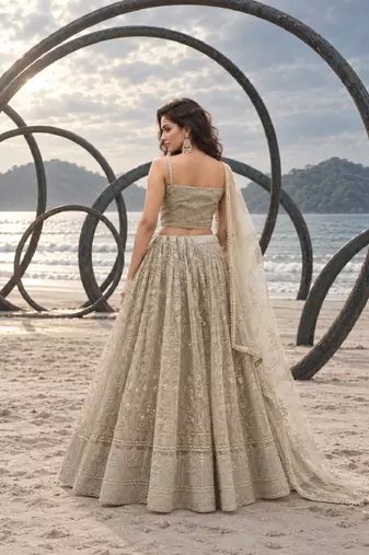OFF WHITE NET THREAD WITH ZARI AND SEQUINCE WORK FESTIVE LEHENGA CHOLI SET FOR WOMEN'S