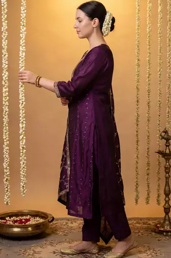 Purple silk blend embroidered kurta trouser dupatta set