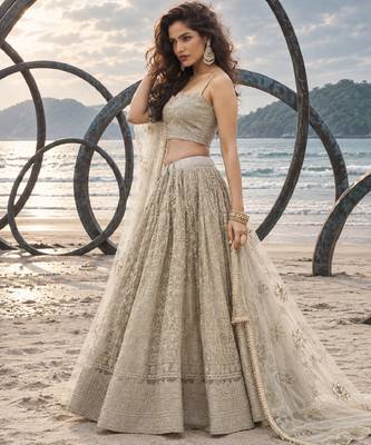 OFF WHITE NET THREAD WITH ZARI AND SEQUINCE WORK FESTIVE LEHENGA CHOLI SET FOR WOMEN'S 3