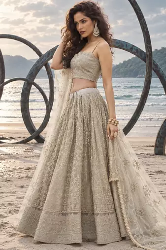 OFF WHITE NET THREAD WITH ZARI AND SEQUINCE WORK FESTIVE LEHENGA CHOLI SET FOR WOMEN'S