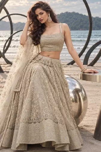 OFF WHITE NET THREAD WITH ZARI AND SEQUINCE WORK FESTIVE LEHENGA CHOLI SET FOR WOMEN'S