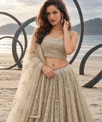 OFF WHITE NET THREAD WITH ZARI AND SEQUINCE WORK FESTIVE LEHENGA CHOLI SET FOR WOMEN'S 5