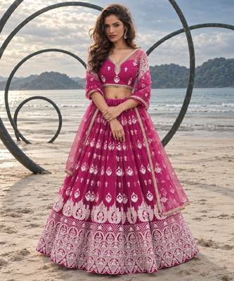 PINK NET THREAD WITH ZARI AND SEQUINCE WORK FESTIVE LEHENGA CHOLI SET FOR WOMEN'S 1