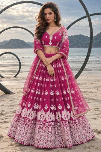 PINK NET THREAD WITH ZARI AND SEQUINCE WORK FESTIVE LEHENGA CHOLI SET FOR WOMEN'S