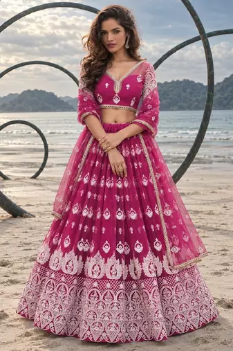 PINK NET THREAD WITH ZARI AND SEQUINCE WORK FESTIVE LEHENGA CHOLI SET FOR WOMEN'S