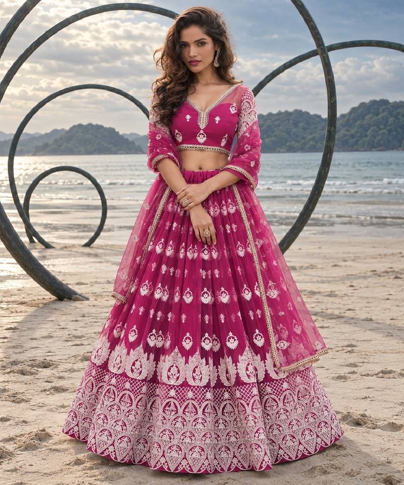 PINK NET THREAD WITH ZARI AND SEQUINCE WORK FESTIVE LEHENGA CHOLI SET FOR WOMEN'S