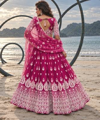 PINK NET THREAD WITH ZARI AND SEQUINCE WORK FESTIVE LEHENGA CHOLI SET FOR WOMEN'S 2