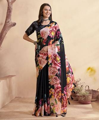black floral mirror work satin saree 1