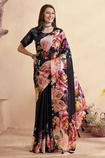 black floral mirror work satin saree