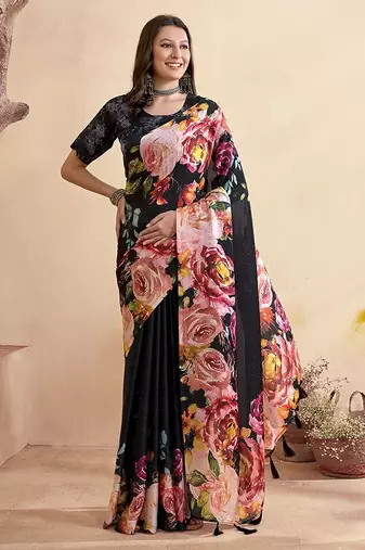 black floral mirror work satin saree