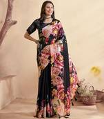 black floral mirror work satin saree
