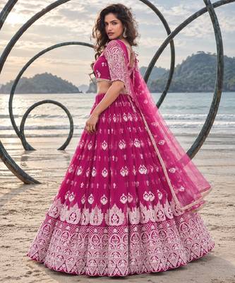 PINK NET THREAD WITH ZARI AND SEQUINCE WORK FESTIVE LEHENGA CHOLI SET FOR WOMEN'S 3