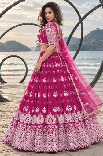 PINK NET THREAD WITH ZARI AND SEQUINCE WORK FESTIVE LEHENGA CHOLI SET FOR WOMEN'S