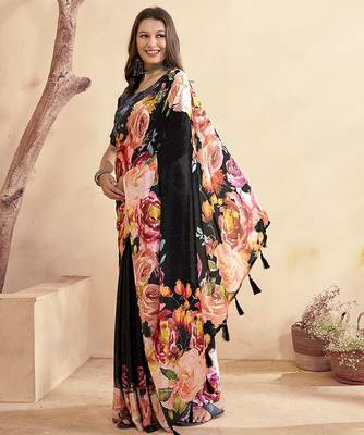black floral mirror work satin saree 2