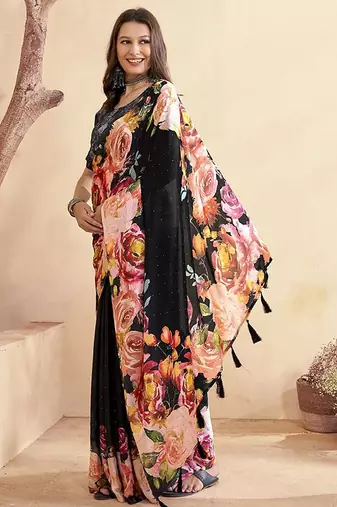 black floral mirror work satin saree