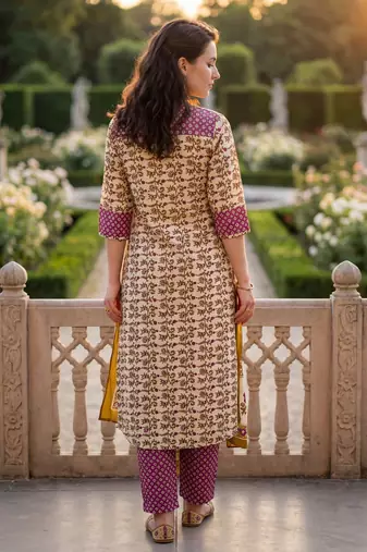 Purple pure cotton printed kurta trouser dupatta set