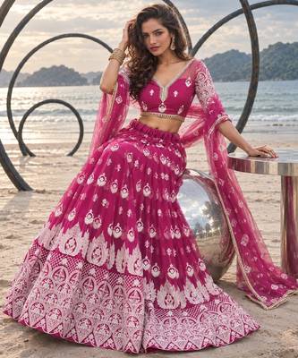 PINK NET THREAD WITH ZARI AND SEQUINCE WORK FESTIVE LEHENGA CHOLI SET FOR WOMEN'S 4