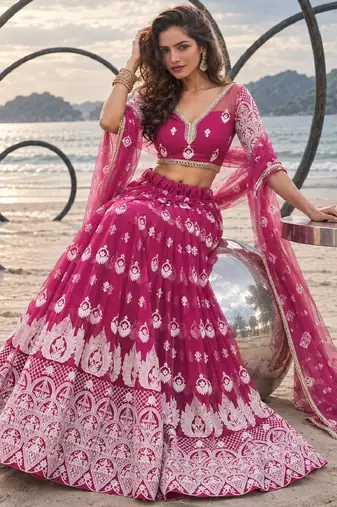 PINK NET THREAD WITH ZARI AND SEQUINCE WORK FESTIVE LEHENGA CHOLI SET FOR WOMEN'S