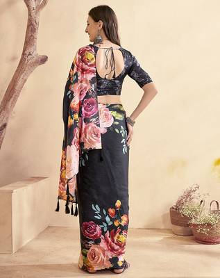 black floral mirror work satin saree 3