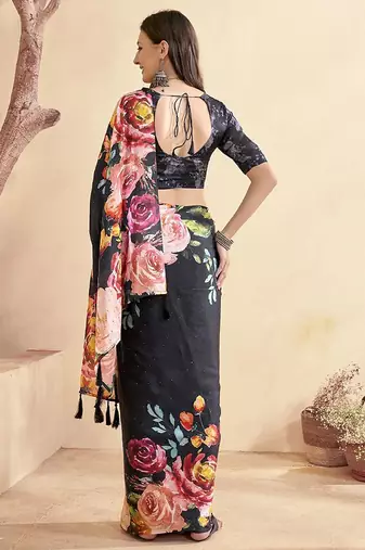 black floral mirror work satin saree