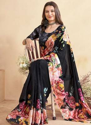 black floral mirror work satin saree 4