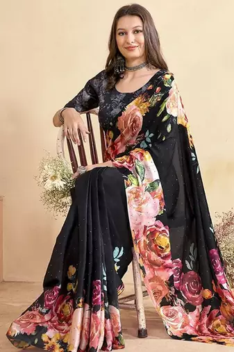 black floral mirror work satin saree