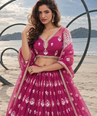 PINK NET THREAD WITH ZARI AND SEQUINCE WORK FESTIVE LEHENGA CHOLI SET FOR WOMEN'S 5