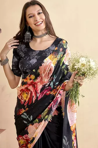 black floral mirror work satin saree