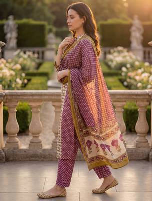Purple pure cotton printed kurta trouser dupatta set 3