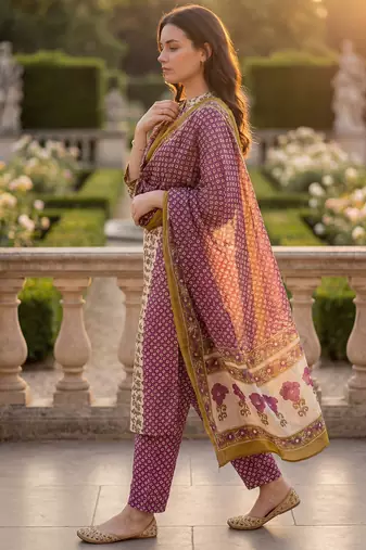 Purple pure cotton printed kurta trouser dupatta set